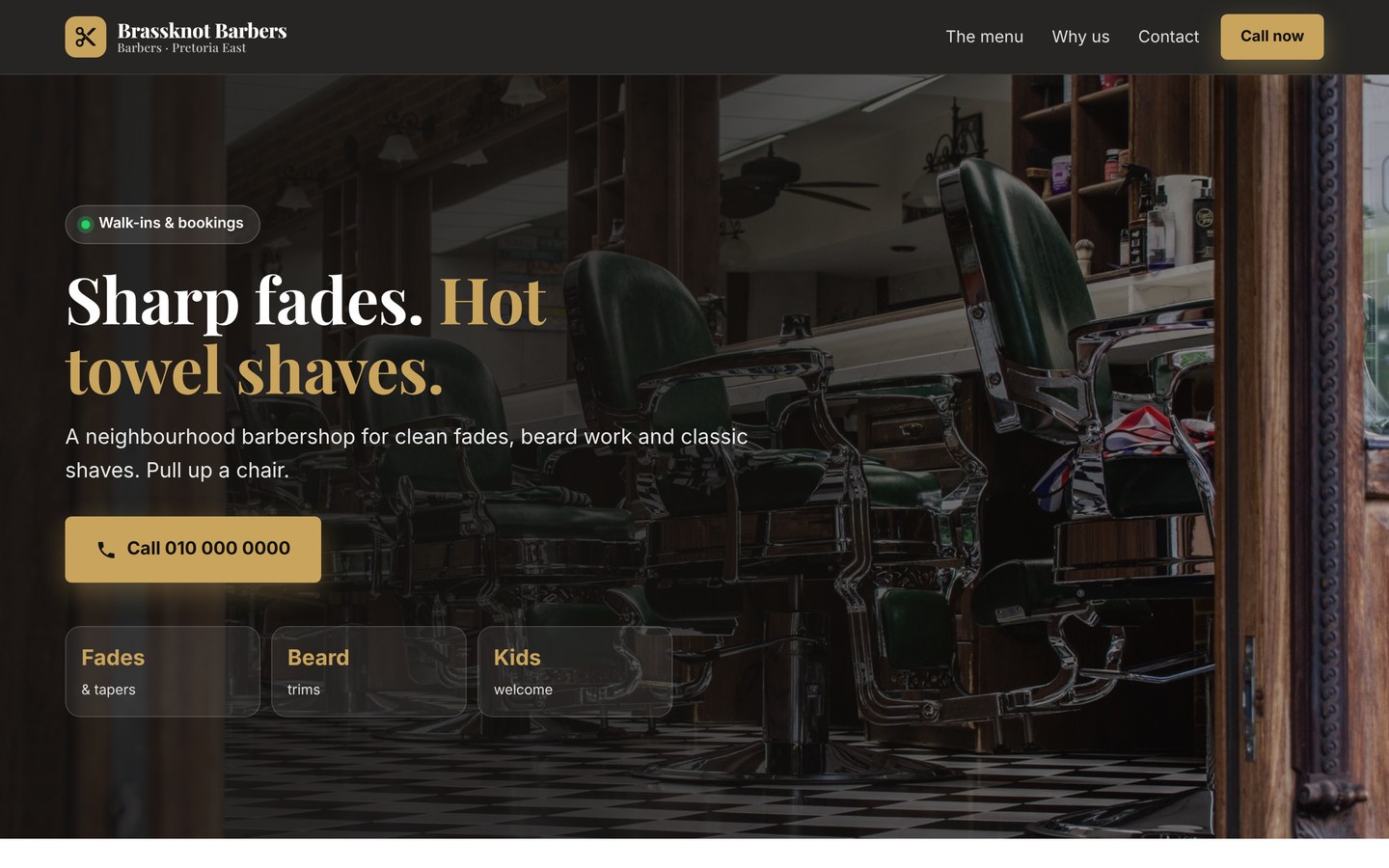Concept website design for Brassknot Barbers, a fictional barber